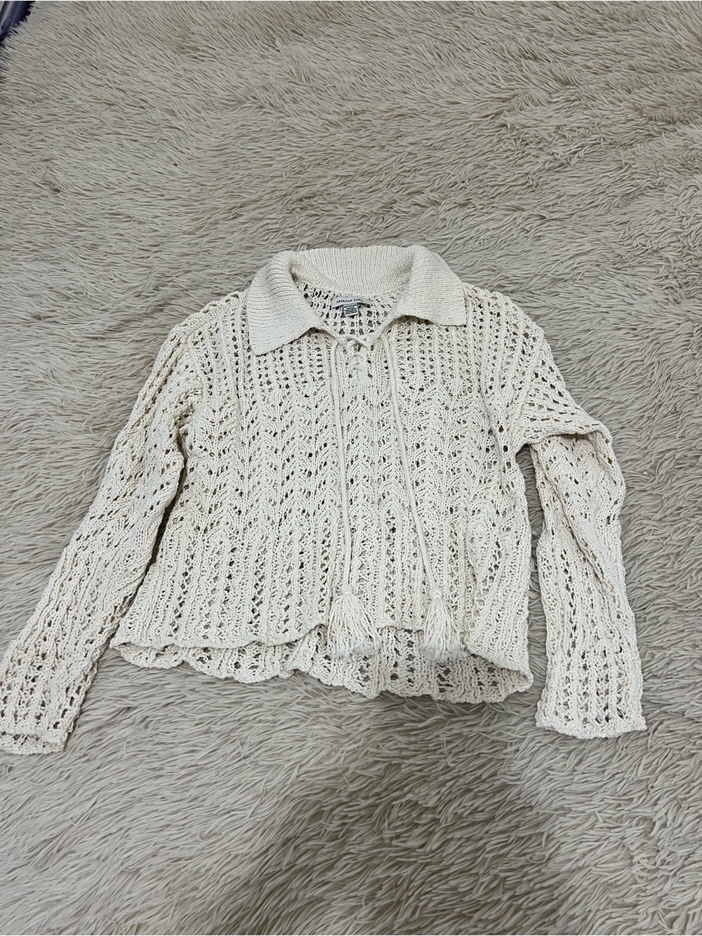 American Eagle Outfitters Cream Crochet Tie-Front Sweater